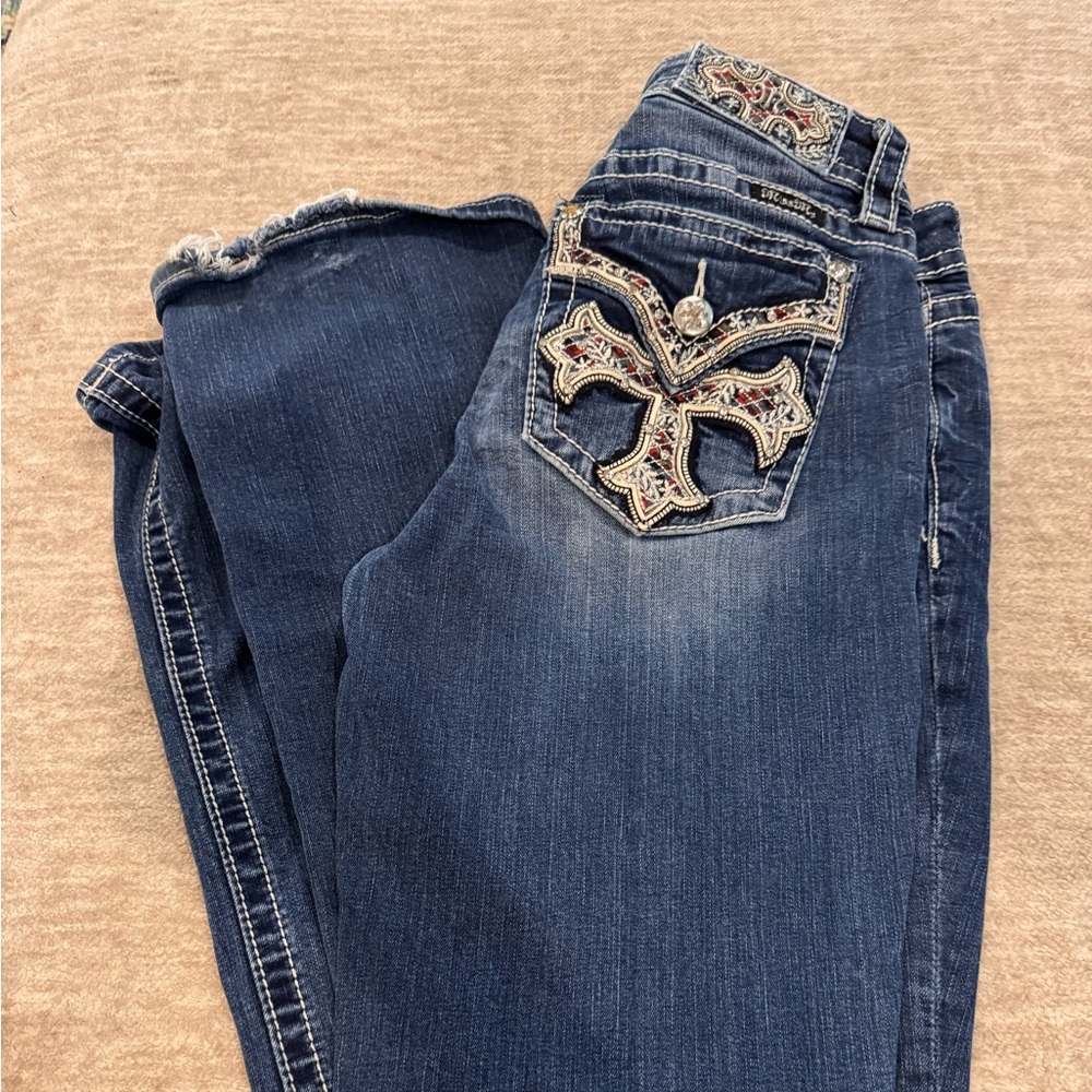 Miss Me Bootcut Jeans Size 32 | Embellished Cross Pockets | Distressed Hem